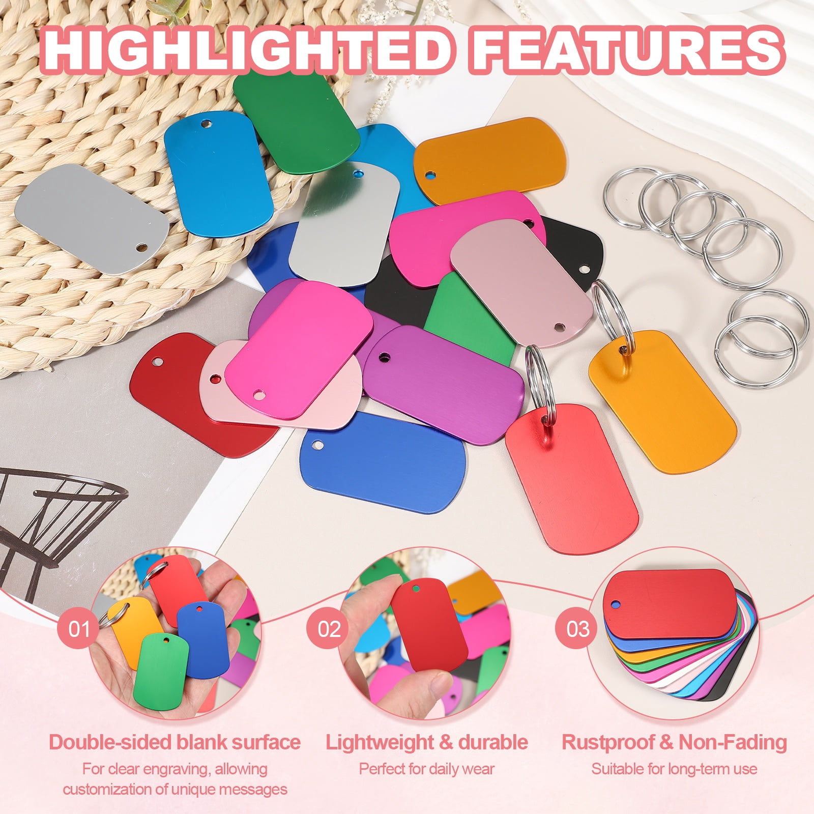 Pet ID Tags, Personalized Dog Cat Tag Aluminum Rectangle Engraved Blank with Key Ring 50x29mm Red 20Pcs