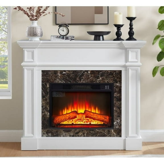 Electric Fireplace with Mantel, Fireplace Mantel, Fireplace Heater Freestanding, Realistic Stacked Stone Surround with Remote Control Timer LED Flame, White, 45.66"W*11.8"D*40"H
