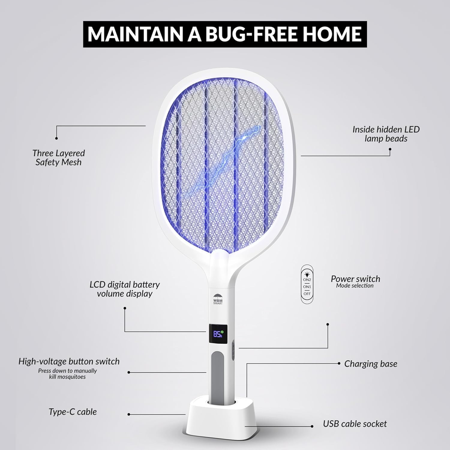 2 in 1 Electric Bug Zapper, Mosquitoes Trap Lamp & Racket, USB Rechargeable Fly Swatter for Home and Outdoor Powerful Grid 3-Layer Safety Mesh Safe to Touch, Pack of