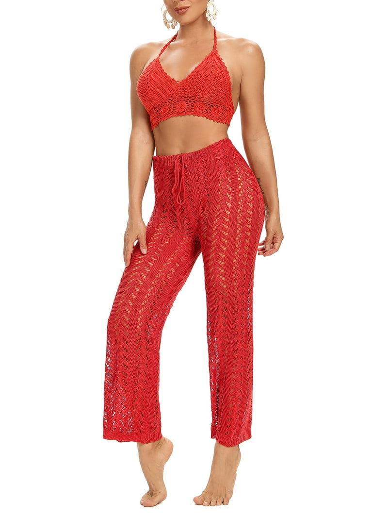 Aunavey Womens Crochet Net Hollow Out Beach Pants Sexy Knit