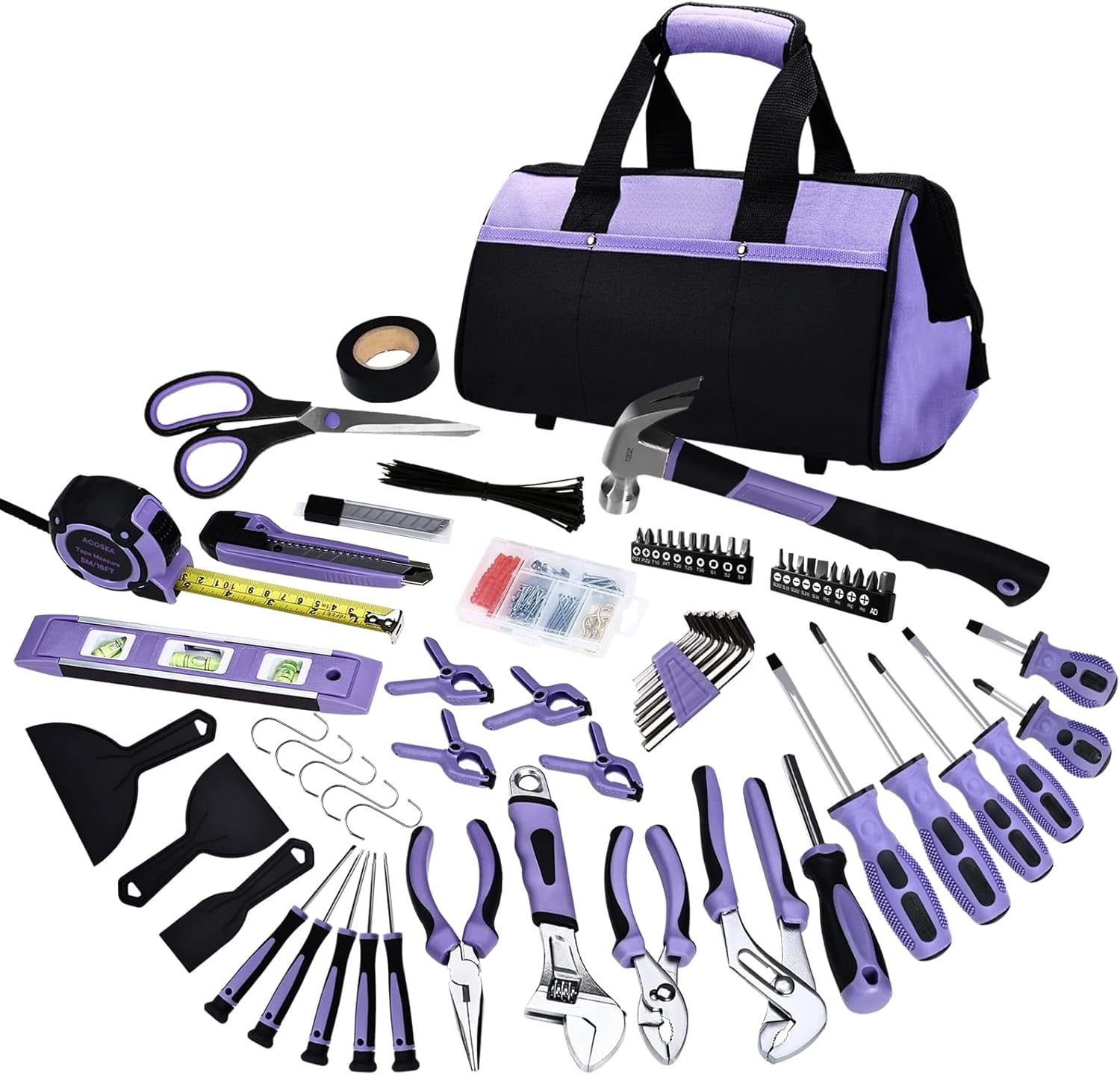 Purple Tool Set,223-Piece Tool Sets for Women,Tool Kit with 13-Inch Wide Mouth Open Purple Tool Bag,The Basic Tool Set is Perfect for Home Maintenance