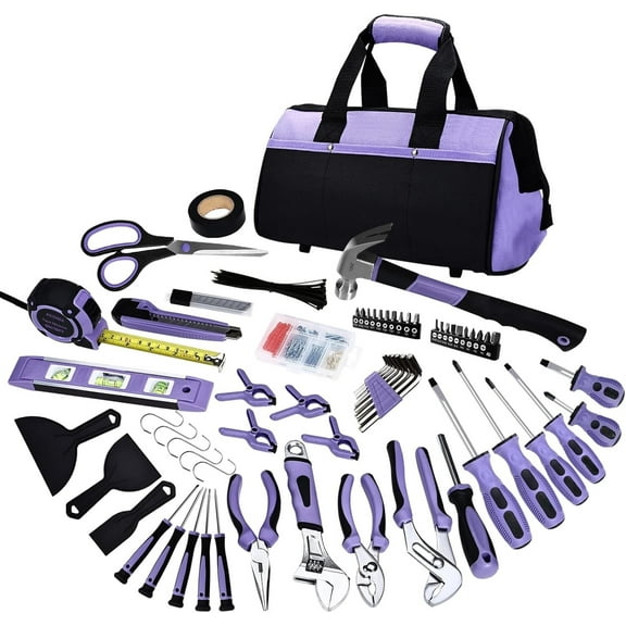 Purple Tool Set,223-Piece Tool Sets for Women,Tool Kit with 13-Inch Wide Mouth Open Purple Tool Bag,The Basic Tool Set is Perfect for Home Maintenance
