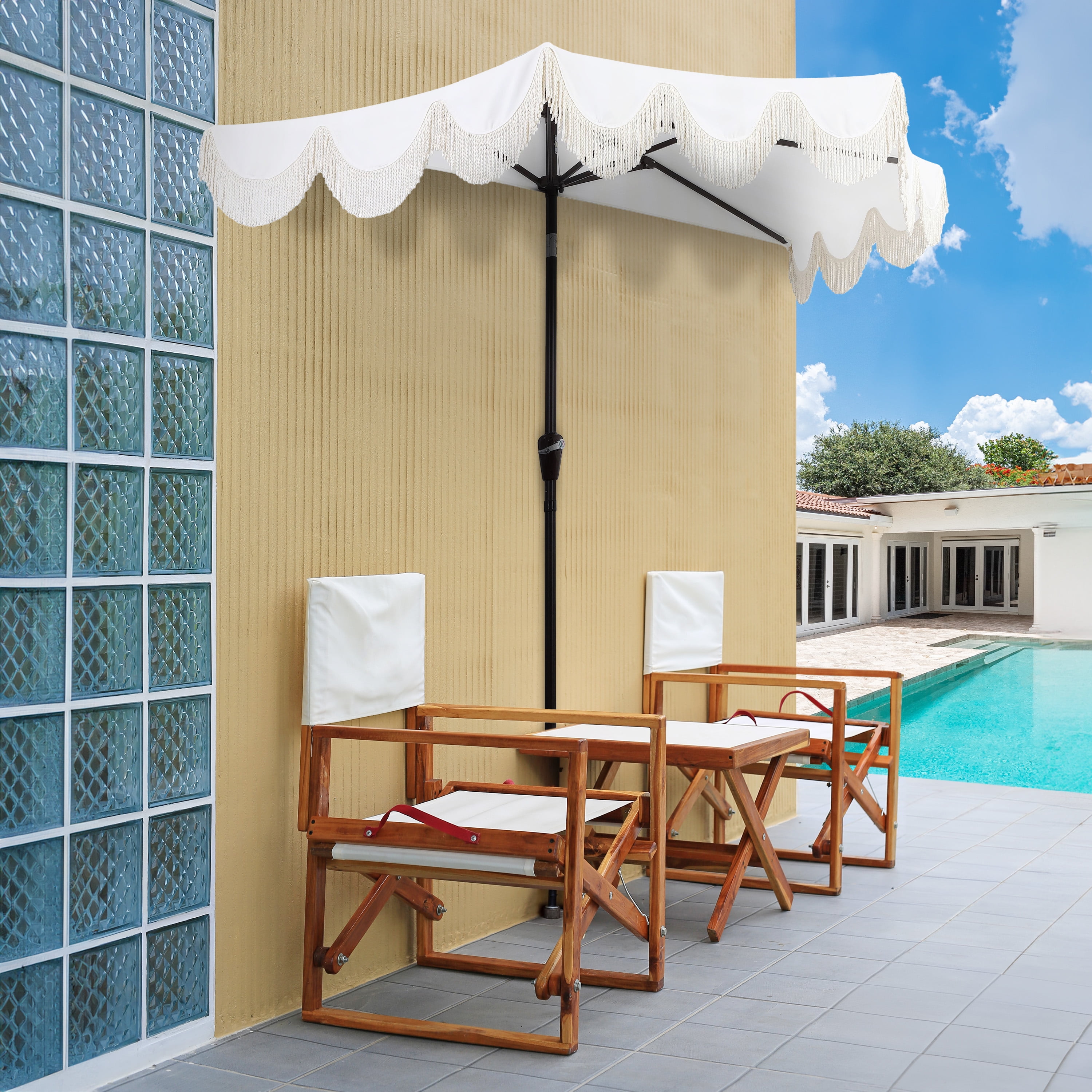 JONATHAN Y Beverly 9 ft. Half Market Patio Umbrella, Designer Classic Scalloped Fringe with Crank, Tilt Button and UV Protection, Cream/White, Dark Brown Pole