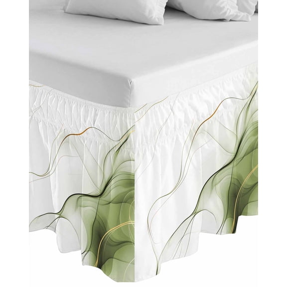 Marble Sage Green Wrap Around Bed Skirts for King Bed 18" Drop,Bed Skirt with Adjustable Elastic Belt Dust Ruffle Bed Valance for Bedroom Hotel Gold White Modern Gradient Ocean Wavy Bed Frame Cover
