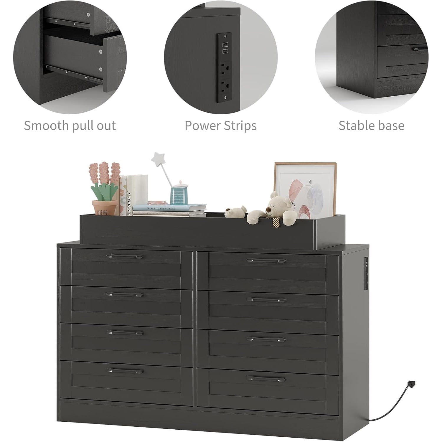 Roromall 8 Drawer Dresser, Changing Table with 8 Drawer, Charging Station, Modern Wood Storage Organizer for Bedroom, Living Room