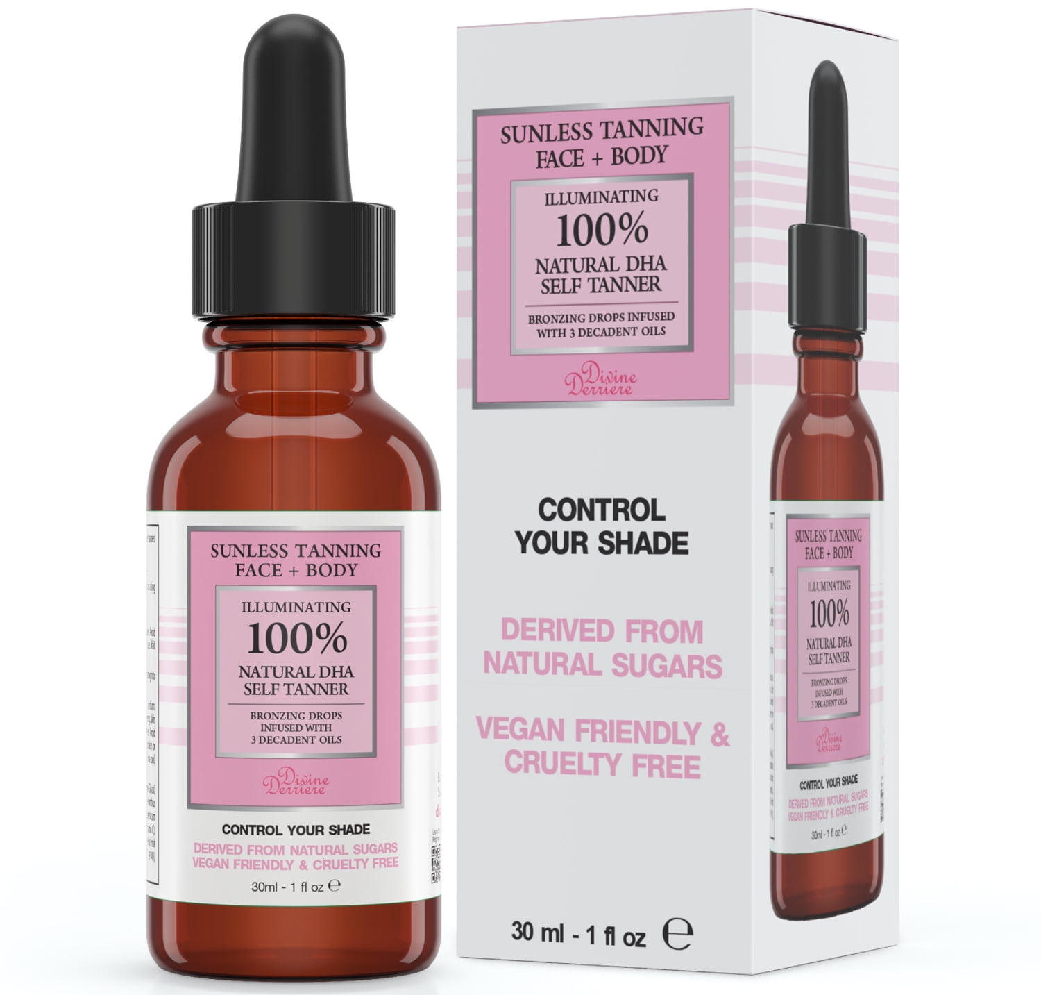 Divine Derriere Natural Glow Self Tanner - Custom Made Sunless Tanner, Vegan Self Tanning Drops for a Sunkissed Glow - Face and Body Bronzer for Natural Looking Even, Sunless Tanning Lotion Bronzer