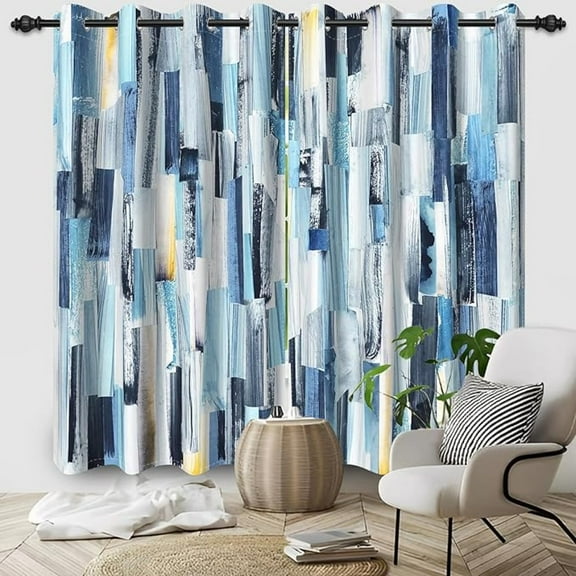 Blue Blackout Curtains, Abstract Blue And Grey Window Curtains For Living Room Modern Aesthetic Darkening Window Drapes With Grommets 26"W x 54"L (Pack of 2)