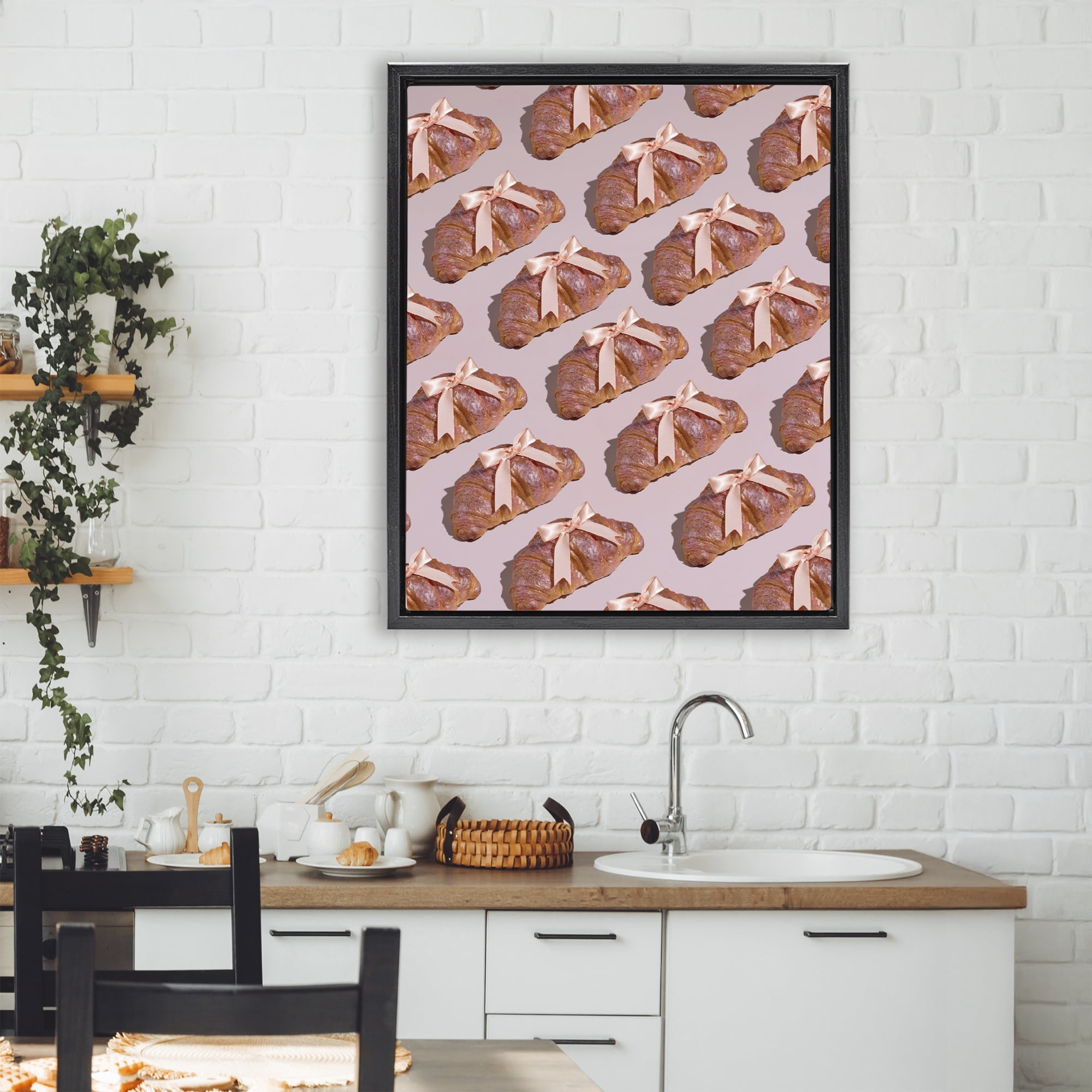 Stupell Industries Croissants with Ribbons Pattern Black Framed Floater Canvas Wall Art, design by LISH Creative