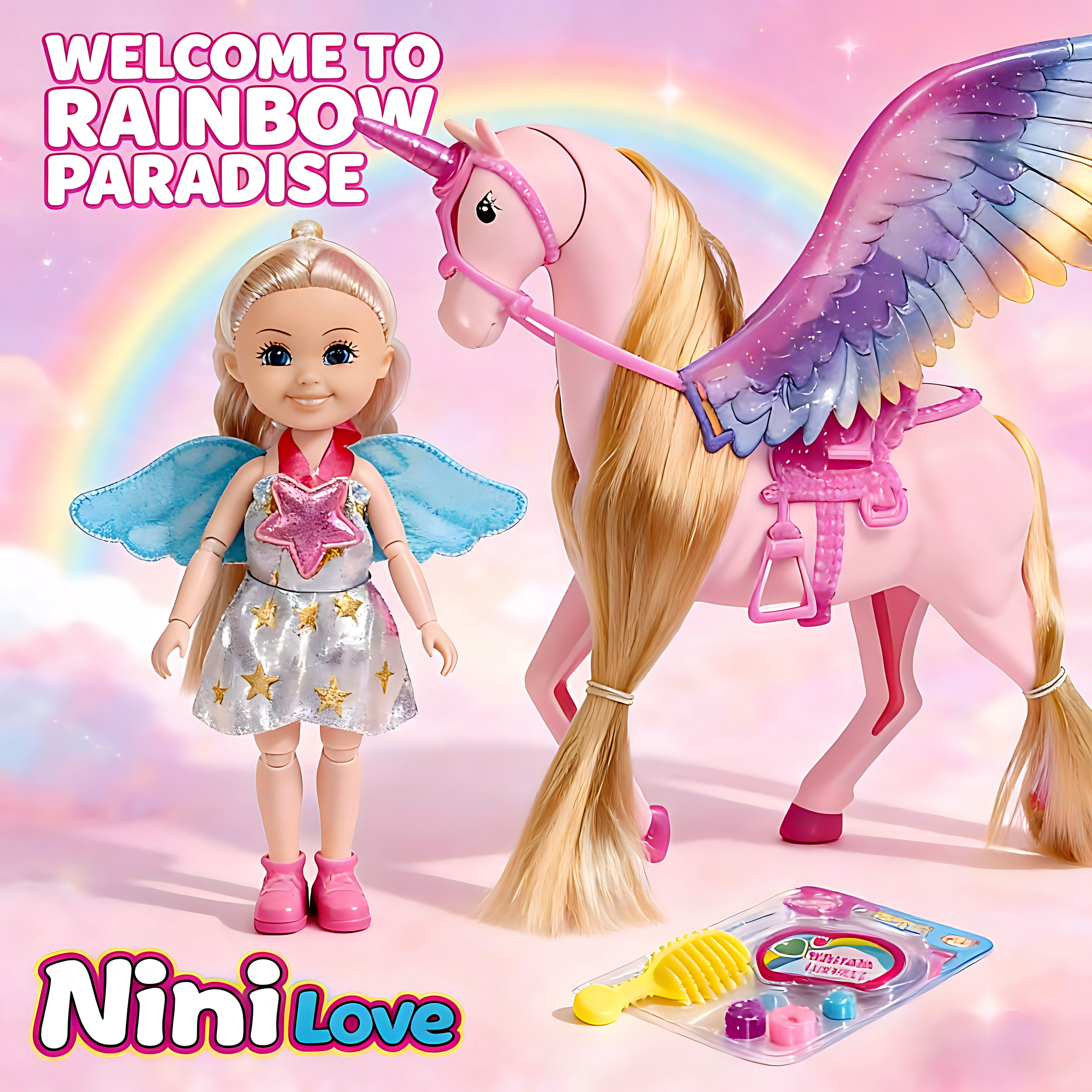 DEGIDEGI Unicorn Fantasy Doll & Pegasus Set, Rainbow Paradise Magic Princess Toy for Girls, Glitter Wings, Movable Accessories & Colorful Play Set for Girls and Boys 3+