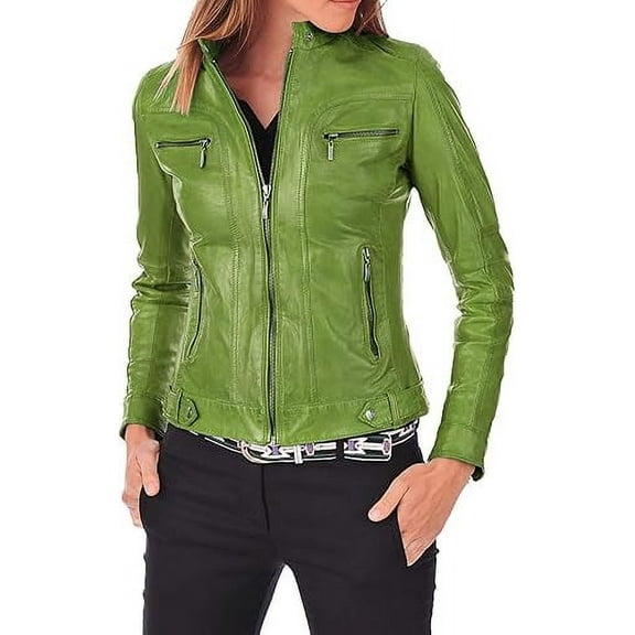 Classic Women's Genuine Green Lambskin Real Leather Jacket Slim fit Biker W653