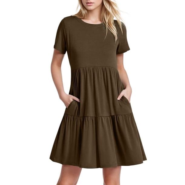 Vestido largo con volantes en colores lisos para mujer: manga corta, fluido, cómodo, versátil para fiestas/playa, tallas S-XXL.