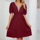 thumbnail image 3 of Vestido Vestido de manga corta para mujer, vestido informal con costuras de encaje, plisado, cuello en V, a la moda, corte en A sencillo con bolsillos, Vestidos femeninos Cgtredaw Vino rojo T XXL para Mujer, 3 of 6