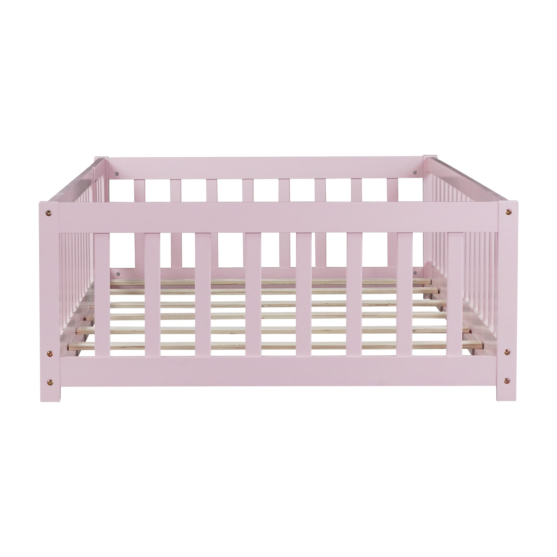 Noble House Wahid Twin Size Floor Bed with Safety Guardrails & Latching Door,  Rubber Wooden Bed Frame, Pink