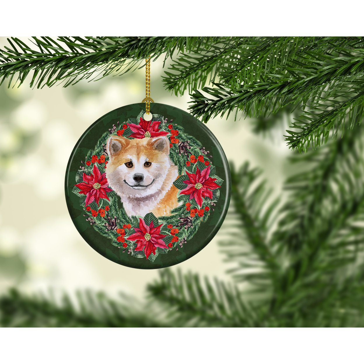 Shiba Inu Poinsetta Wreath Ceramic Ornament 2.8 in x 2.8 in