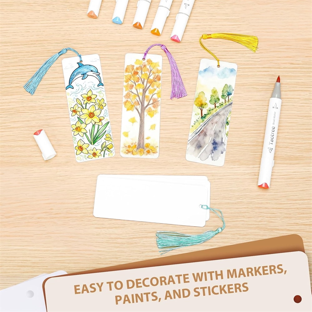 MODANU 100 Pcs Blank Bookmarks with 100 Pcs Tassels, DIY Bookmarks Bulk, Heavyweight Paper Book Marks Making Kits for Classroom Projects and DIY Craft, 6 x 2 Inches