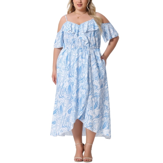Vestido floral de talla grande para mujeres Agnes Orinda, con mangas frías, volantes, escote en V y dobladillo de tulipán, vestido maxi casual con bolsillo, 3X azul claro