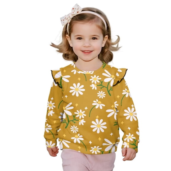 Uorisanigo Girl Long Sleeve Sweatshirt Ruffle Shoulder Daisy Yellow Pullover Tops Casual Long Sleeve Shirts Age 1-8 Kids Oversized Sweatshirts Crewneck Blouse