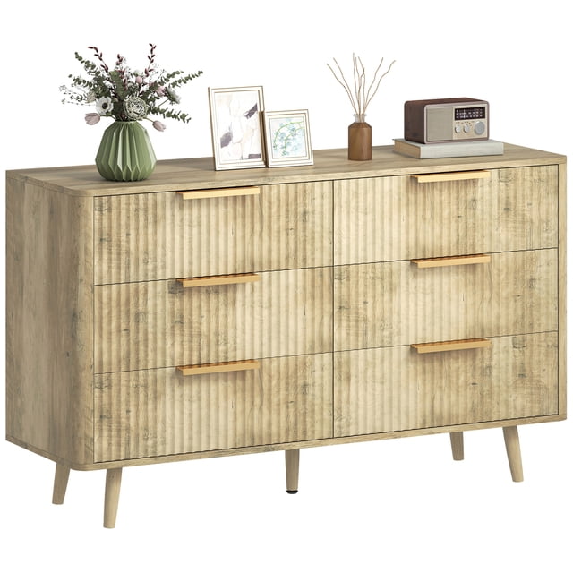 Commode Moderne à 6 Tiroirs pour Chambre, Commode Cannelée pour Garde-Robe, Chêne