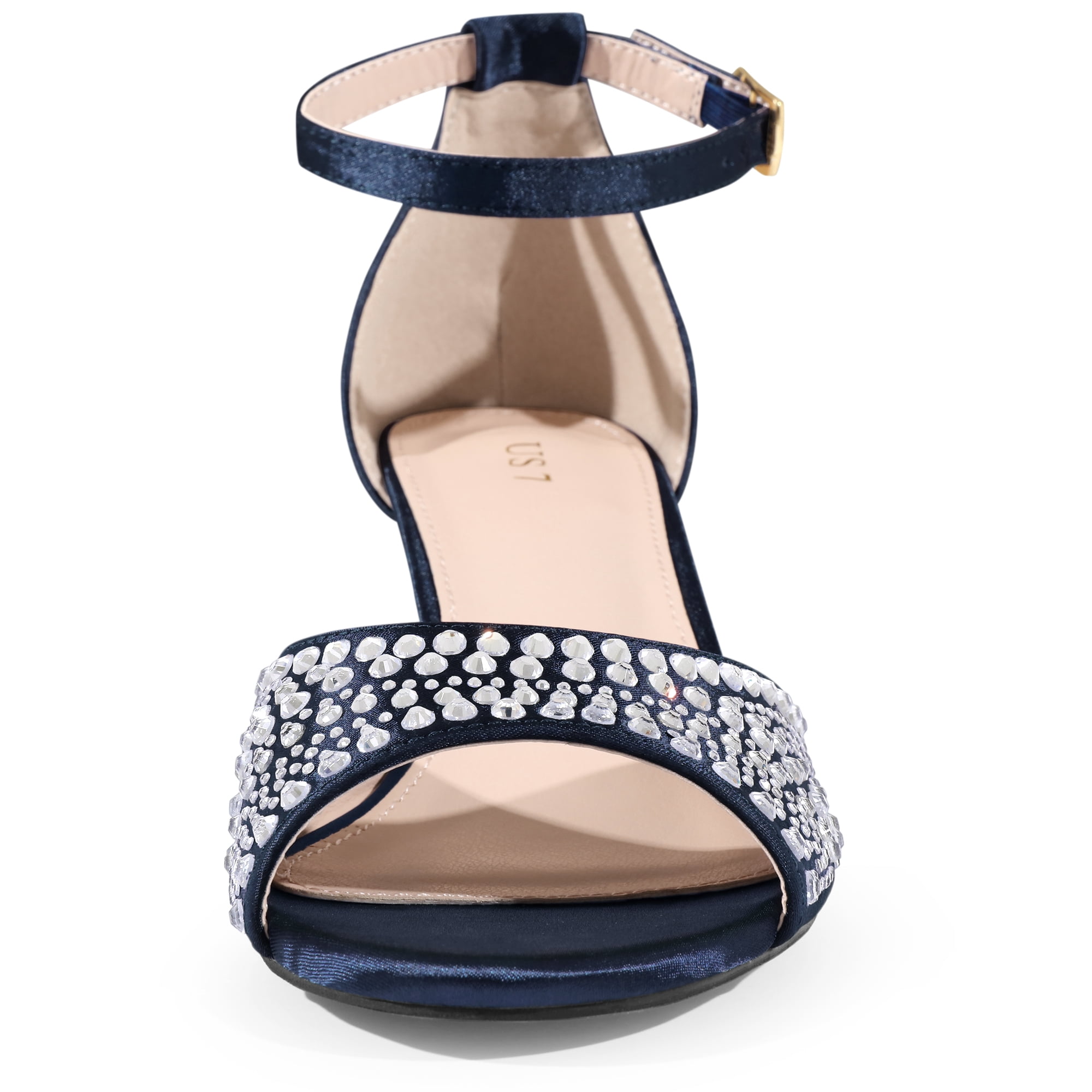 DARING DIVA Women's Rhinestone Ankle Strap Kitten Heel Satin Sandals Dark Blue 7.5