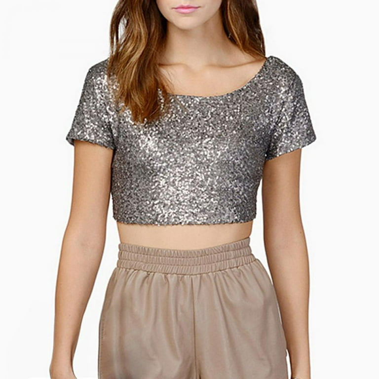 Women's Sequined Shining T-shirt O Neck Backless Crop Tops Club Party  Sparkle Cami Top 