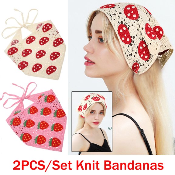 2Pcs Crochet Bandana Head Kerchief Knitted Hair Scarves Crochet Hair Kerchief Tie Bcak Headwrap Floral