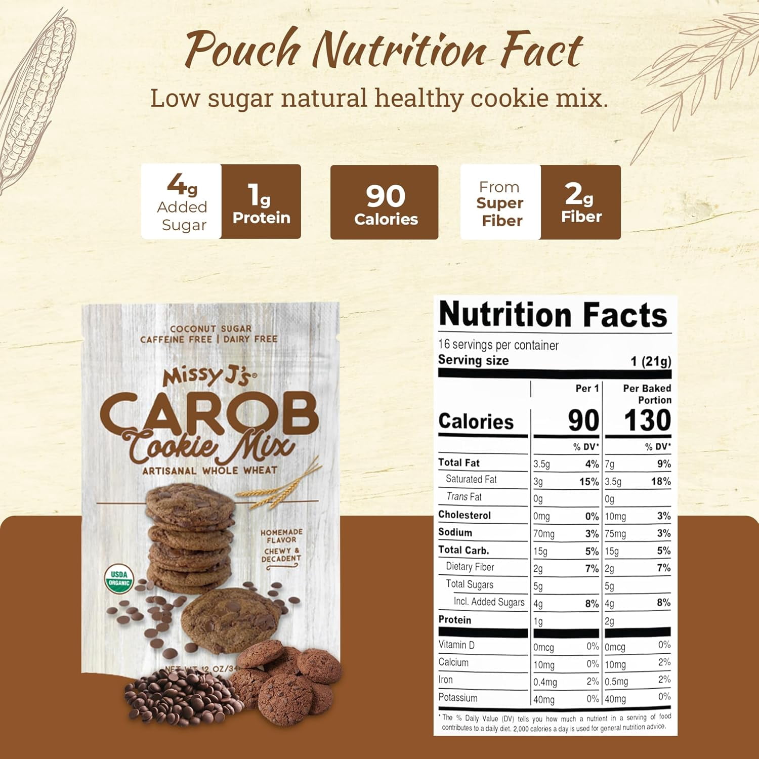 Missy J’s Organic Carob Whole Wheat Cookie Mix, Vegan Healthy Low Calorie Snacks 12 oz 3 Pack