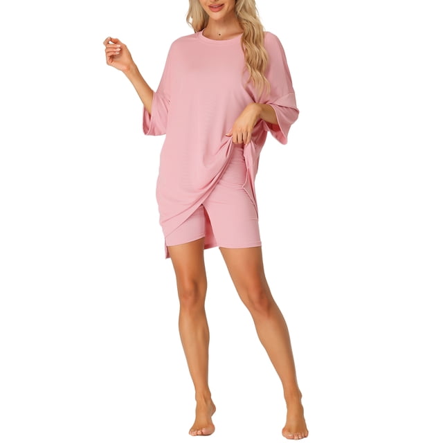 Conjunto de lounge de gran tamaño para mujeres INSPIRE CHIC, sudaderas de entrenamiento, camiseta con pantalones cortos de ciclista, conjuntos L rosa