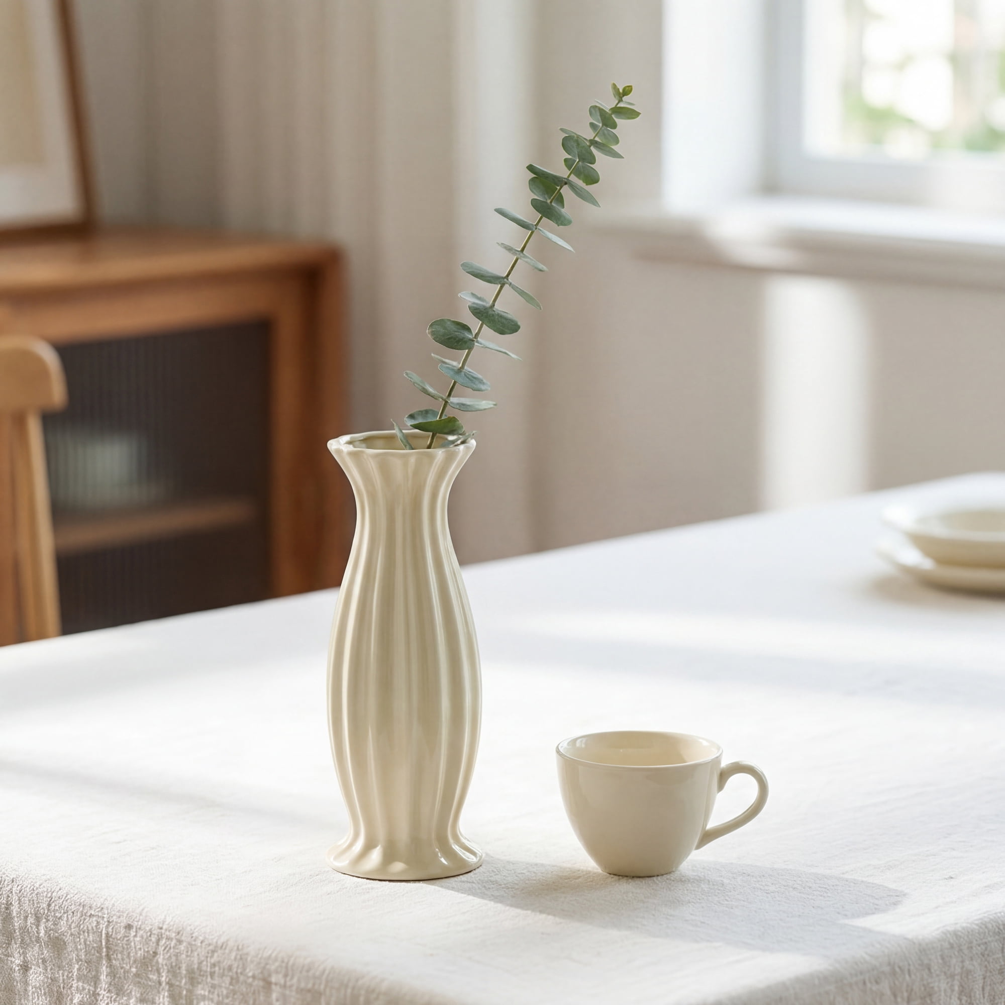 Unique Bargains Matte Ribbed Cylinder Vases Cream Yellow 2.9"L x 2.9"W x 7.9"H