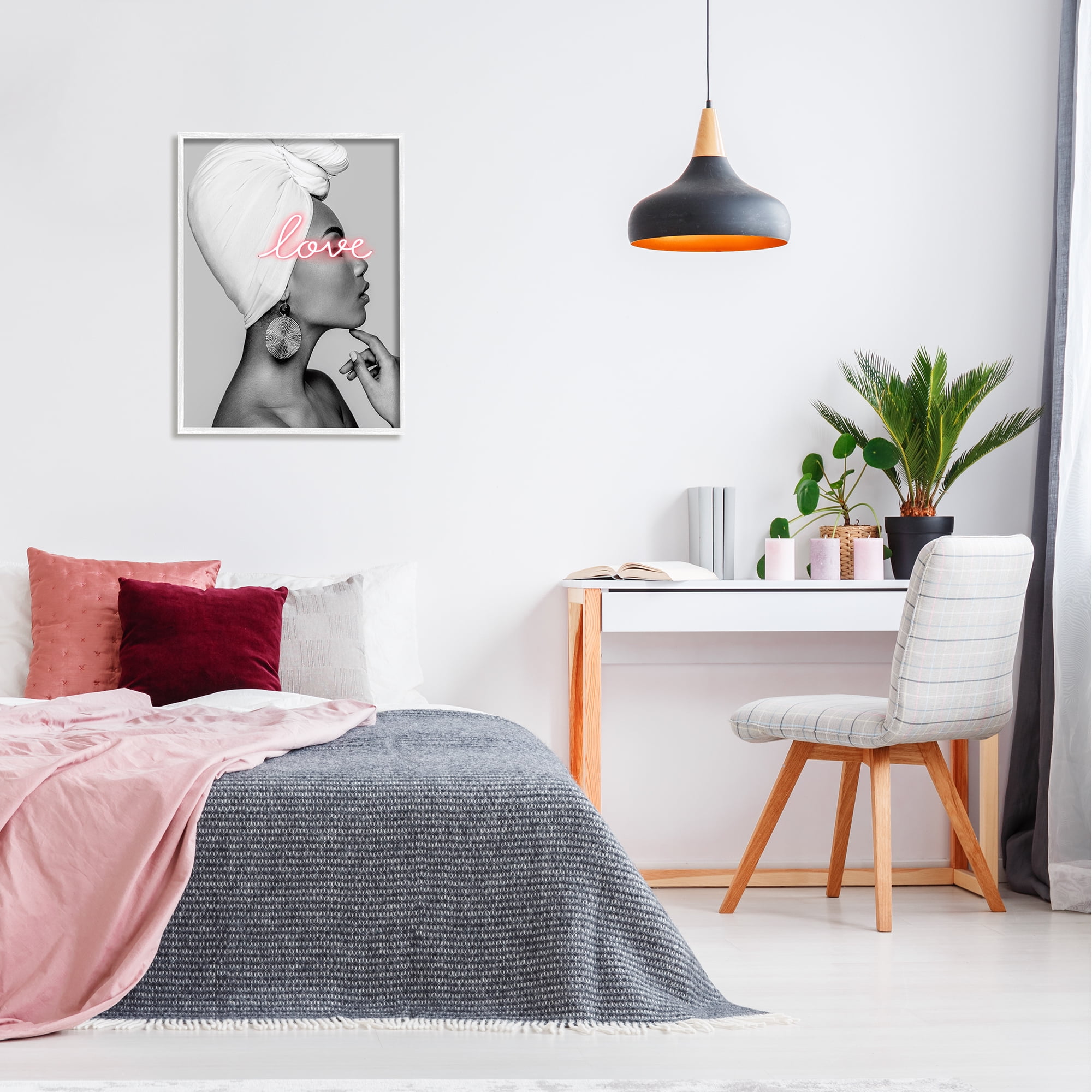 Stupell Industries Woman Portrait Pink Love Phrase Typography Painting White Framed Art Print Wall Art, 24 x 30