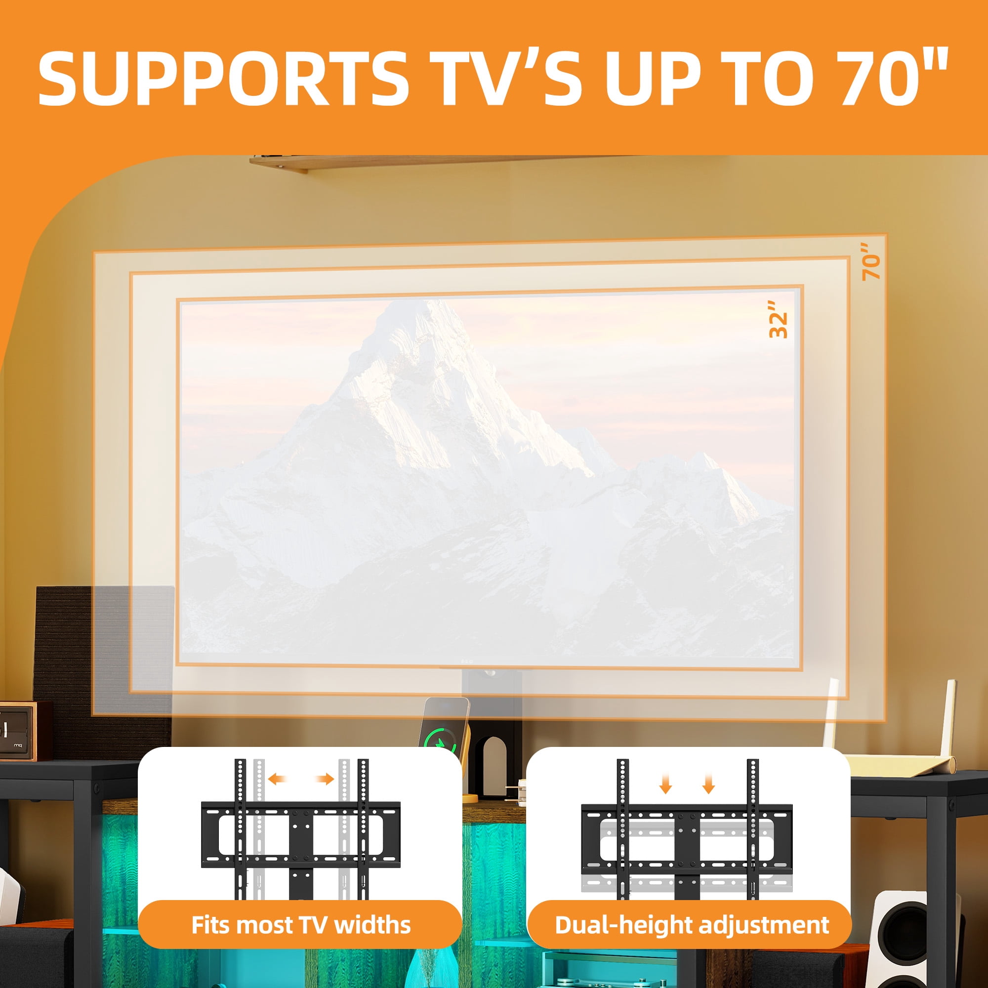 Uforic TV Stand and Mount for 32" to 70", Entertainment Center with LED Light & Height Adjustable, Black& Brown