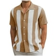 thumbnail image 2 of WREESH Men's Retro Striped Stitching Short Sleeve Turndown Collar Contrasting Patchwork Shirt Khaki, 2 of 6