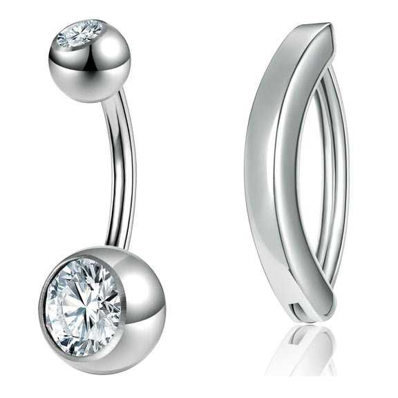 QQTDFG 925 Sterling Silver CZ Belly Button Rings Clicker Navel Piercing Barbell Jewelry-Silver
