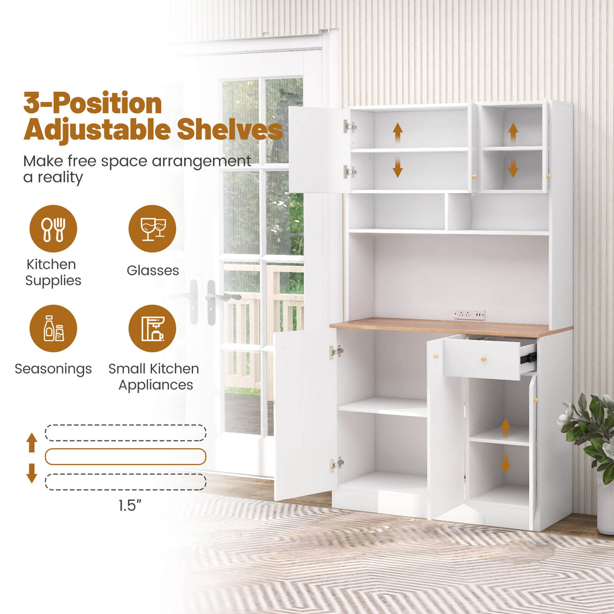 Costway 71" Tall Pantry Cabinet with Outlets USB Ports Anti-Tipping Kits Adjustable Shelves White