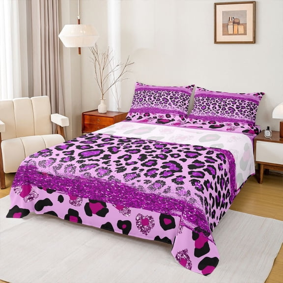 Homewish Modern Glitter Fashion Full Size Sheets for Kids, Mystic Purple Leopard Print Bed Sheets, Cheetah Animal Sheet Sets, Ultra Soft Bedroom Decor, 4-Piece