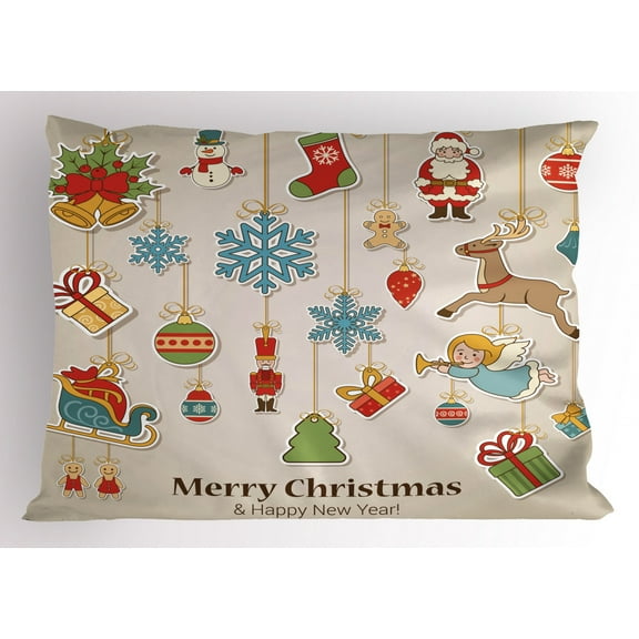 Christmas Pillow Sham Xmas Winter Holiday Themed Icons Celebratory Objects Retro Graphic Collection, Decorative Standard Size Printed Pillowcase, 26 X 20 Inches, Multicolor, by Ambesonne