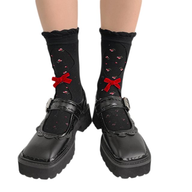 Calcetines de tripulación con adornos de volantes de Lolita para mujer Medias de malla de doble capa huecas con estampado floral