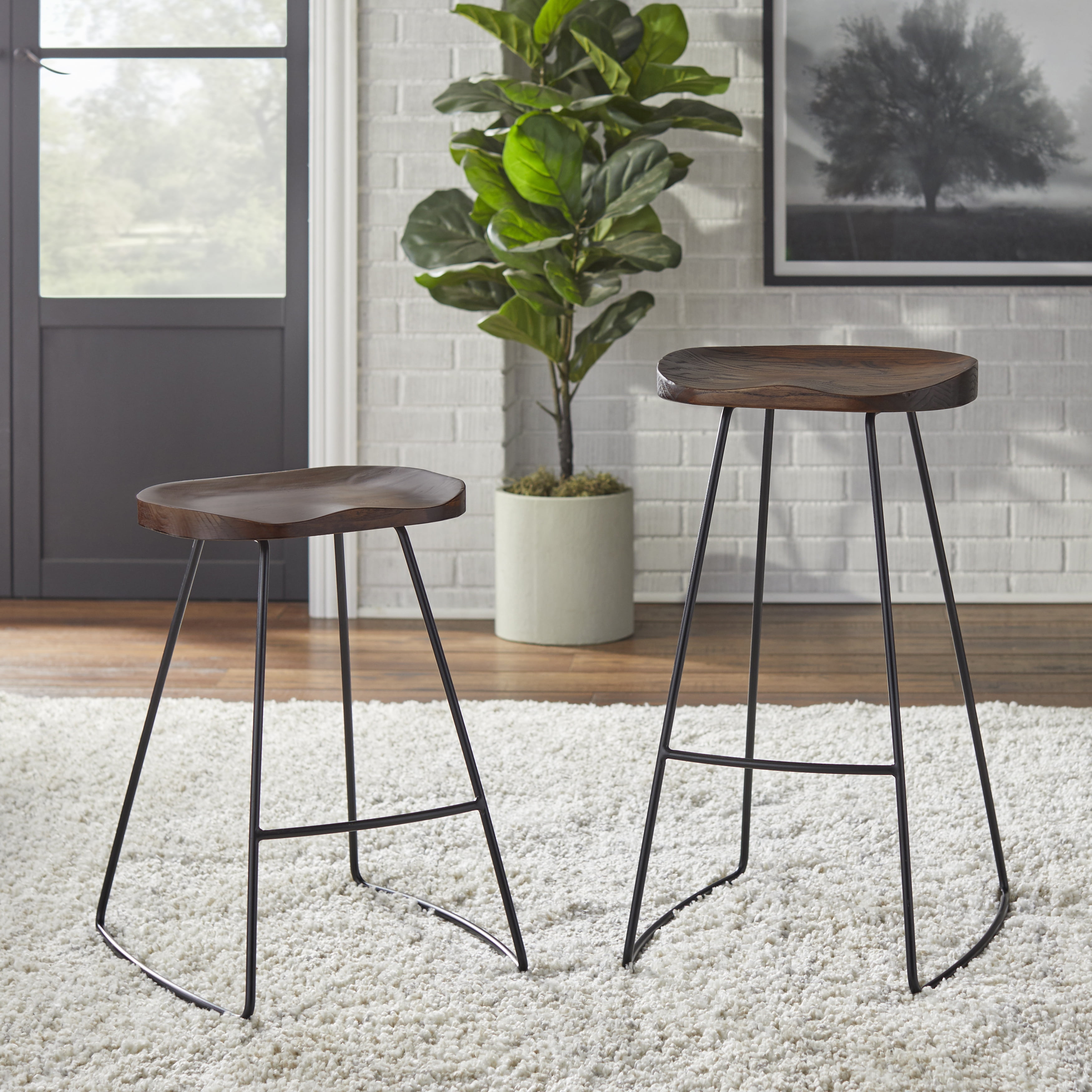TMS Chapman 24” High Contoured Wood Seat, Backless Stool (Set of 2), Walnut and Black Finish