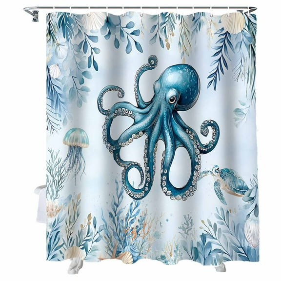 Shower Curtains Octopus Bath Curtain Blue Starfish Shell Coral Waterproof Bathroom Shower Curtain Set with Hooks Decoration 36 x 72 Inches