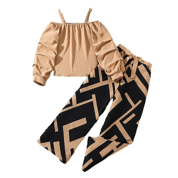 WEIYLL Outfits for Girls Set Spring 2Pcs Loose Ruffled Sleeve Floral Print Wide Leg Pants Top Khaki Girls Fall Outfit Suit for 11-12 Years
