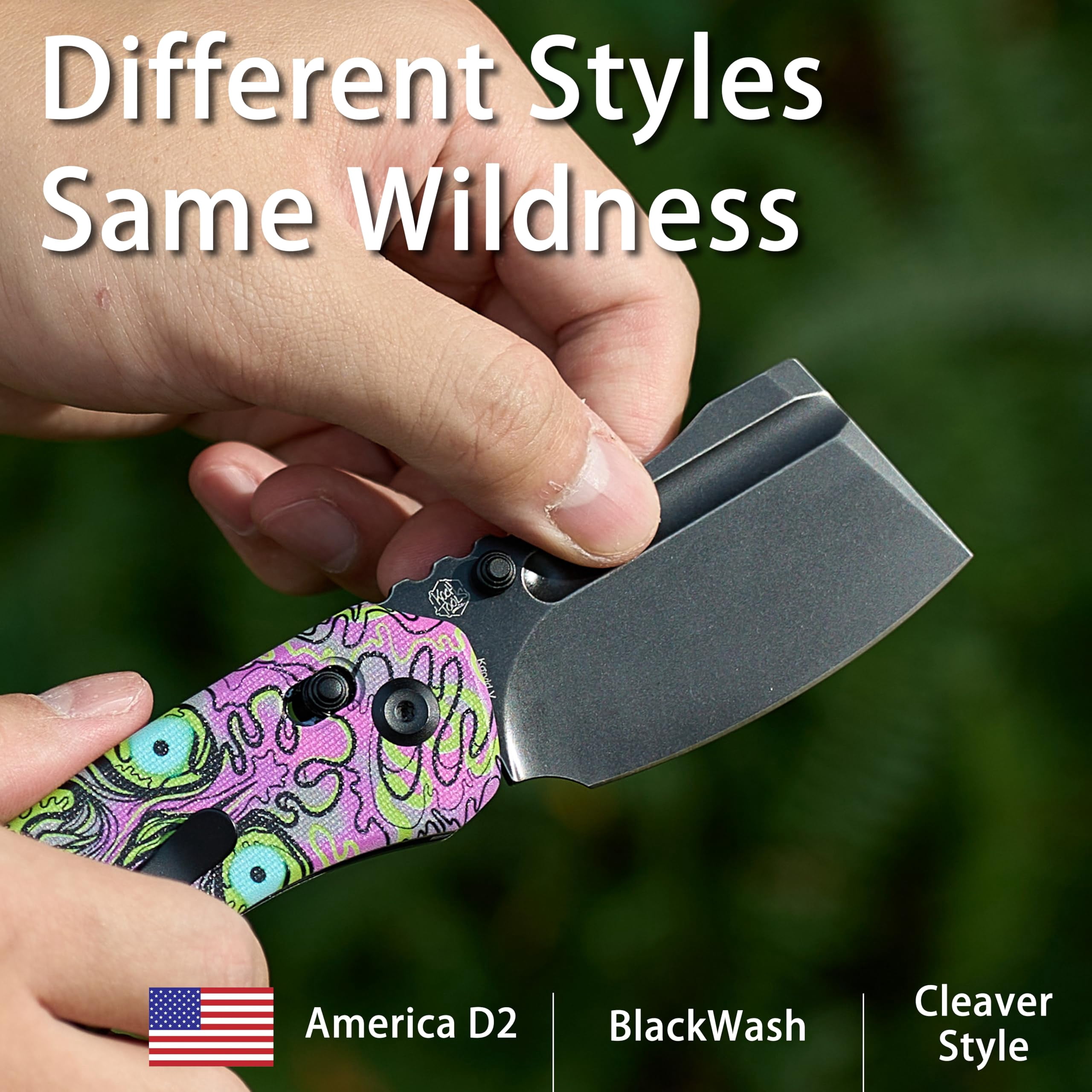 Kansept Korvid V Folding Pocket Knife 2.91" Blackwash D2 Blade,Jade G10 with Purple Graphic Pattern,TE2030V5
