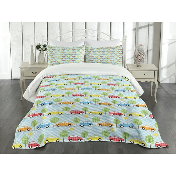 Ambesonne Cartoon Quilted Bedspread Set 3 Pcs, Checkered Cars with Trees, Queen Size, Multicolor