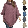 thumbnail image 4 of ZQUUVOU Women's Fall Winter Knit Cape Poncho Solid Color Pullover Faux Fur Trim Cable Knit Chunky Turtleneck Cardigan Beige, 4 of 4