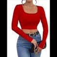 thumbnail image 2 of Tops Cortos de Larga para Mujer, con Cuello Cuadrado Acanalado, Ajustados, Informales, A para Dama Rojo XS, 2 of 8