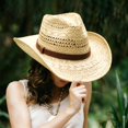 thumbnail image 2 of oqasdz Adult Hollow Woven Straw Cowboy Hat Wide Curved Brim Leather Band Sun Protection Hat for Beach Vacation Outdoor Casual Headwear, 2 of 6