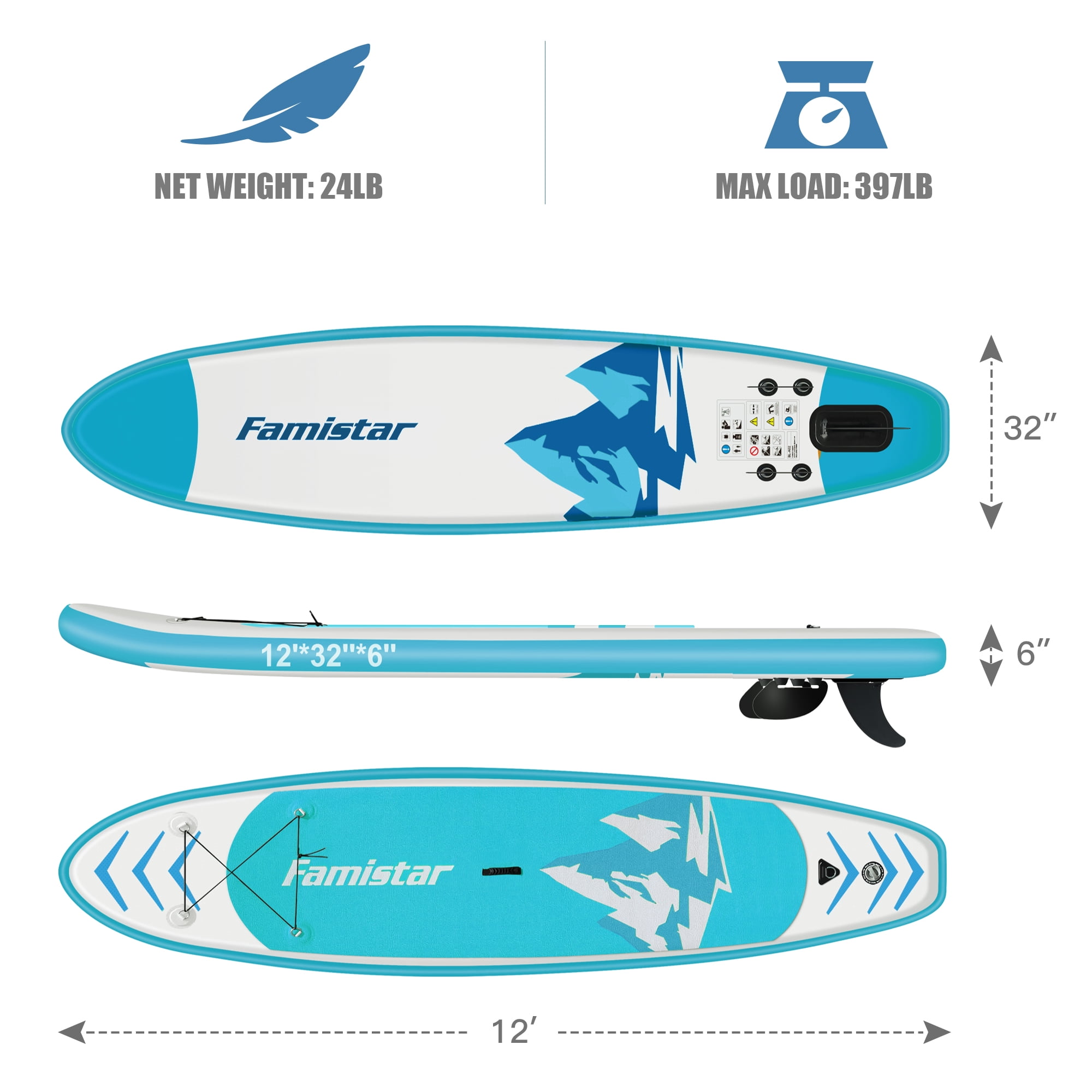 12 ft Inflatable Stand Up Paddle Board for Surfing, Fishing, Yoga, Playing