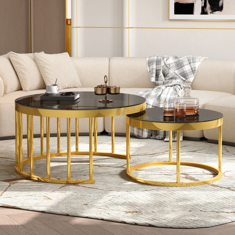 Round Nesting Coffee Table Set of 2, Modern Golden Metal Frame Accent Circular Cocktail Table with Mirrored Table Top