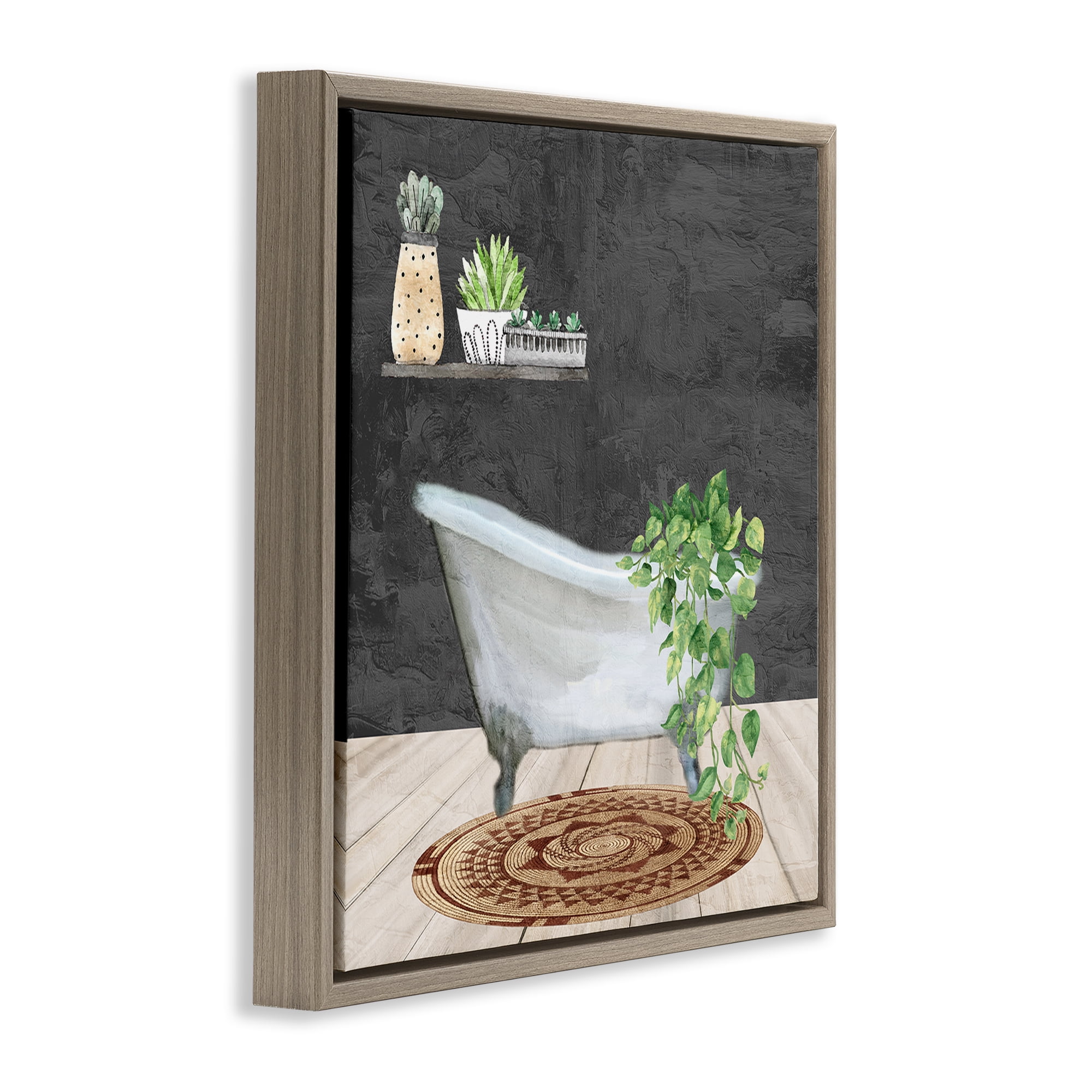 Stupell Industries Botanical Bathtub Scene Bath & Laundry Painting Brown Floater Framed Canvas Art Print Wall Art, 18 x 18