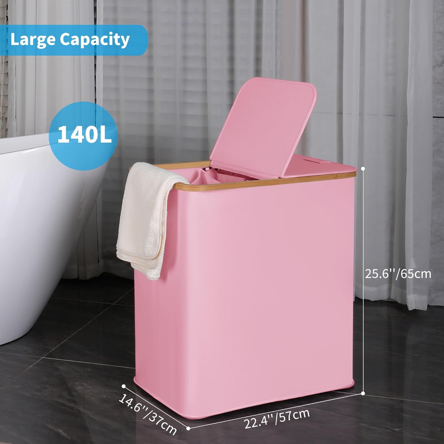 Laundry Hamper with Lid, Double Laundry Hamper with 2 Removable Bags, 2 Section Laundry Basket with Bamboo Handles for Bathroom, Bedroom & Laundry Room (Pink, 140L Dual)
