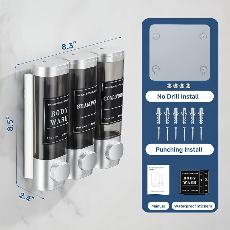 CZQ 3 Chamber Wall-Mounted Shower Dispenser No Drill Large Capacity Bathroom Organizer