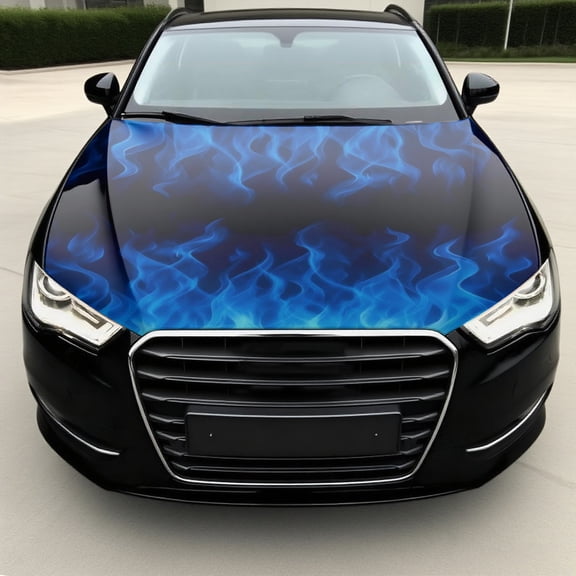 Fit Blue Bonfire PVC Car Hood Protector Cover - 59x39 Inch Waterproof & UV/Sun Proof Hood Wrap with Blue Flame Design, for SUV, Sedan, Truck, Pickup (Easy Install, Durable Vinyl)